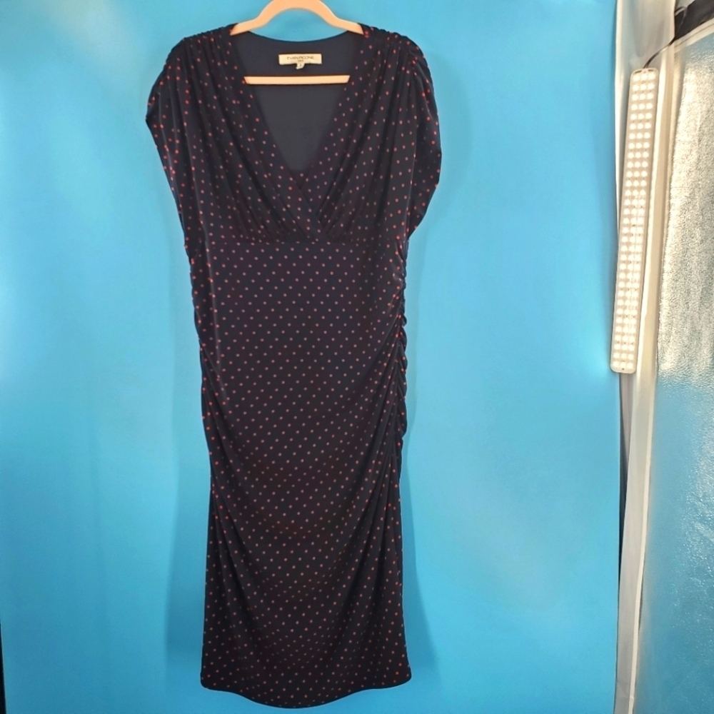 Evan Picone navy blue and red polka-dot dress 16